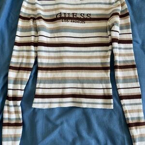 GUESS Women's Striped Long Sleeve Top - White, Brown, Tan